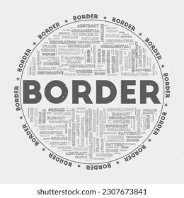 Border - round badge. Text border with keywords word clouds and circular text. Knight's Armor color theme and grunge texture. Beautiful vector illustration.