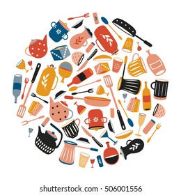 Border round flat ware. Kitchen utensils. Multi-colored poster. Dishware color