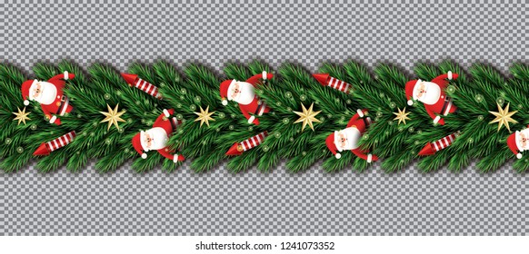 Border with Santa Claus, Christmas Tree Branches, Golden Stars and Red Rockets on Transparent Background. Vector Illustration. Fir Twig Border.