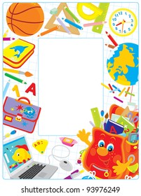 Border with a schoolbag, a laptop, a globe and other school objects