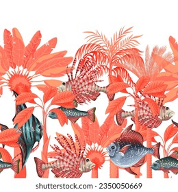 Border with sea fishes and trees. Vector