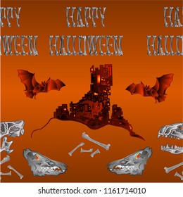 Border seamless background Happy Halloween inscription of bones scary skull and scary castle orange holiday background vector illustration editable hand draw