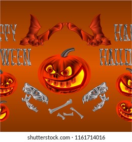 Border seamless background Happy Halloween inscription of bones pumpkin and bats and the skull orange holiday background vector illustration editable hand draw