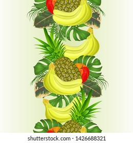 Border seamless background tropical fruit set with  tropical leaves ficus,palm,philodendron,vector Illustration for use in interior design, artwork, dishes, clothing, packaging