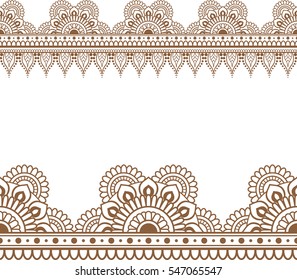 Border seamless brown pattern elements with flowers and lace lines in Indian mehndi style for card and tattoo isolated on white background. Vector illustration