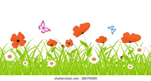 Border seamless flower fields. Vector illustration.