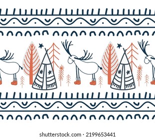 Border seamless in northern style. Scandinavian winter forest. Fairy forest seamless. Ribbon and textile decor.