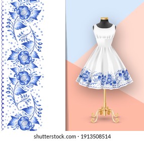 Border seamless pattern of blue flowers on classic womens dress mockup and black mannequin. Hand-drawn ornate pattern with an example of application. Clothes realistic 3d mock up. Vector illustration