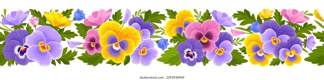 Border with seamless pattern with bright multi color pansy flowers, buds and leaves isolated on a white background. Detailed botanical drawing in cartoon style. Vector illustration