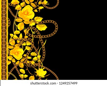 Border seamless pattern with chains and roses. Vector floral patch for fabric, scarf. Border seamless pattern with chains and roses. Vector floral patch for fabric, scarf.
