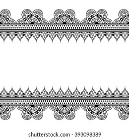 Border seamless pattern elements with flowers and lace lines in Indian mehndi style for card and tattoo isolated on white background. Vector illustration