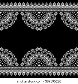 Border seamless pattern with Indian floral elements and lace lines in mehndi style for card and tattoo isolated on black background. Vector illustration