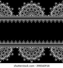 Border seamless pattern with Indian floral elements and lace lines in mehndi style for card and tattoo. Vector illustration isolated on black background. 