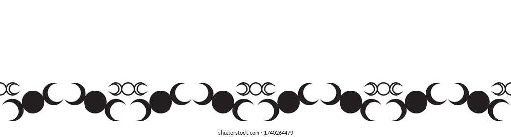 Border seamless repeating pattern of the Triple Moon symbol icon with a star at the centre and moon phase design.  Black and white vector illustration. Surface pattern design.