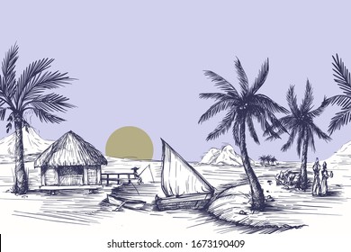 Border with seaside, palms and boat in graphic style. Vector.