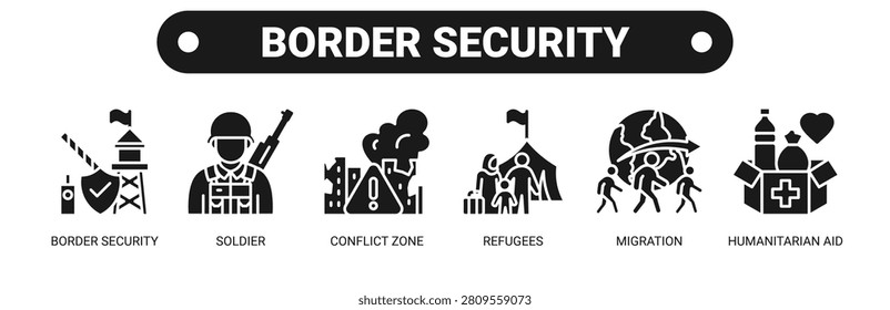 Border Security web banner icon vector illustration concept with icons of border security, soldier, conflict zone, refugees, migration, and humanitarian aid.