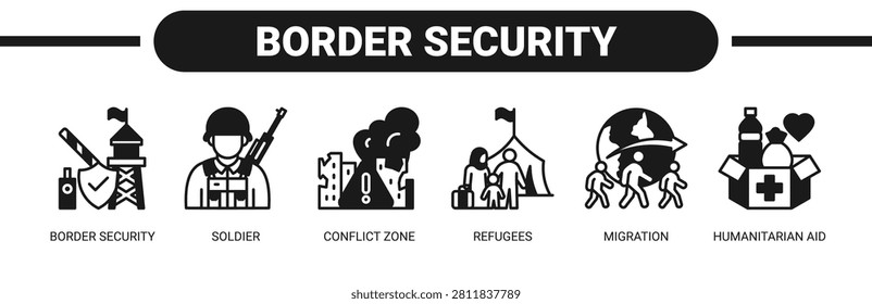 Border Security web banner icon vector illustration concept with icons of border security, soldier, conflict zone, refugees, migration, and humanitarian aid.