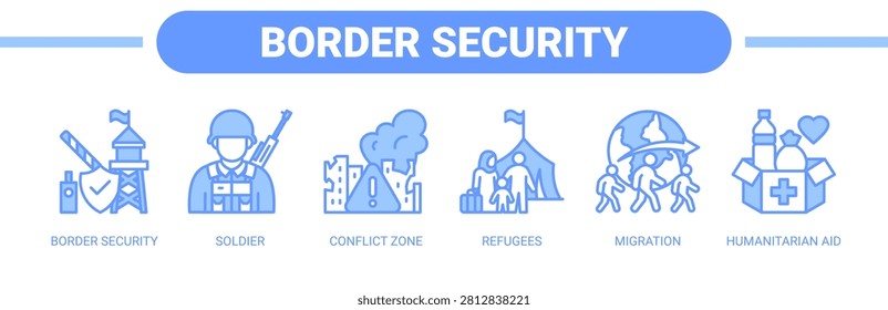 Border Security web banner icon vector illustration concept with icons of border security, soldier, conflict zone, refugees, migration, and humanitarian aid.