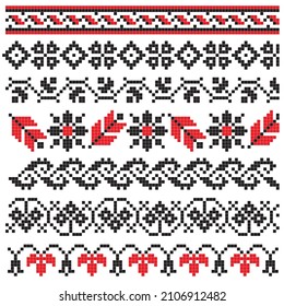 Border set floral cross stitch black and red color
