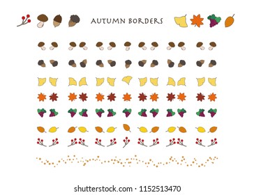 Border set of nuts and mushrooms, colored leaves autumn material