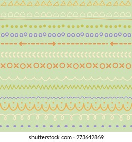 Border set. Simple hand drawn colorful shape on light green background. Contemporary modern free style. Seamless pattern.