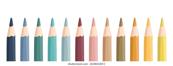 Border from a set of wooden colored pencils on a white background. Vector illustration with a playful and creative design. For educational materials, projects, banners and the theme "Back to school".