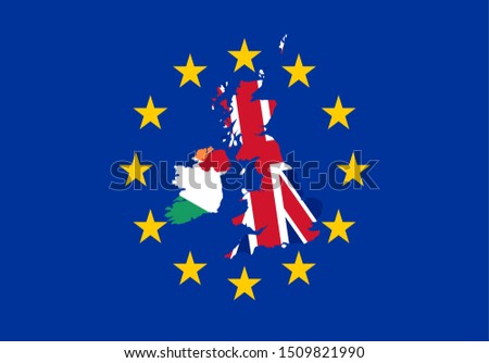 The border shapes of Ireland and United Kingdom covered in the flags of respective countries, on top of and in the middle of the flag of the European Union illustrating the conflicts of Brexit.