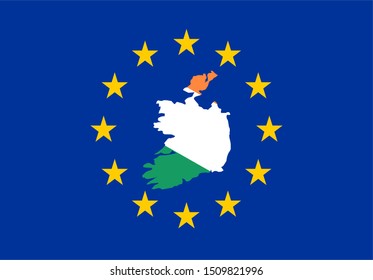 The Border Shapes Of Republic Of Ireland, Covered In The Irish Flag On Top Of And In The Middle Of The Flag Of The European Union Illustrating The Conflicts Of Brexit.