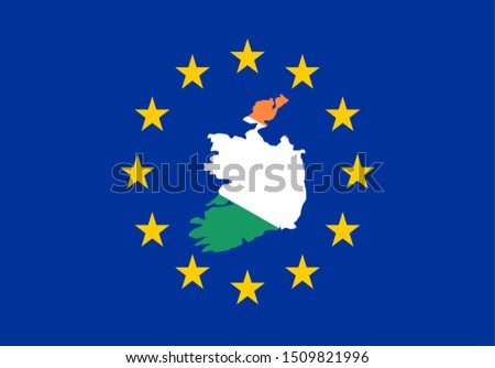 The border shapes of Republic of Ireland, covered in the Irish flag on top of and in the middle of the flag of the European Union illustrating the conflicts of Brexit.