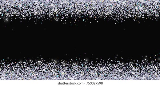 Border silver glitter with multicolored highlights on black background. Vector illustration