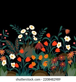 Borde con flores y hojas simples. Impresión floral de moda