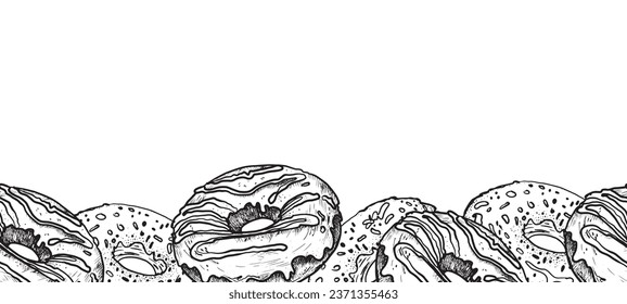 Border sketch illustration of a sweet doughnut cake. Confectionery sweets. Hand-drawn. An engraving in vintage style. Drawing for the cafe menu. Eps 10