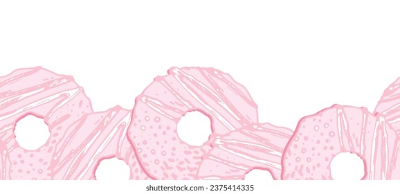 Border, sketch illustration of a sweet pink donut. Confectionery made of sweets. Hand-drawn. An engraving in vintage style. Drawing for the cafe menu.