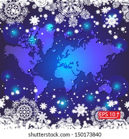 border snow snowflake on blue world map background vector