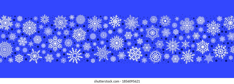 Borde de copos de nieve, pancarta. Fondo vectorial de invierno, tema de navidad. 