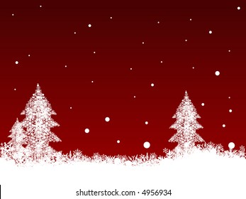 Border of snowflakes and Christmas Trees on  a Dark Red background