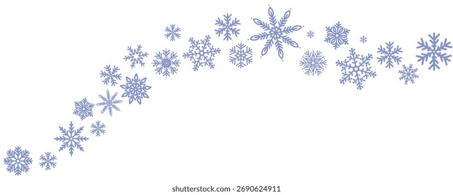 Borde con copos de nieve sobre fondo blanco. Elegante guirnalda invernal para Navidades y decoración de Año Nuevo. Ilustración festiva escarchada para tarjeta de felicitación estacional o Anuncio.
