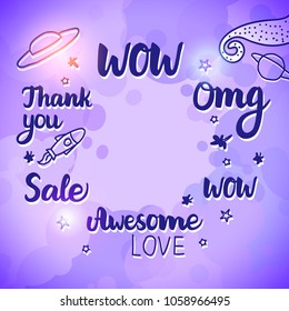 Border Space purple watercolor with lettering frame WOW, Omg, Awesome, Sale. Vector banner for creative social network.