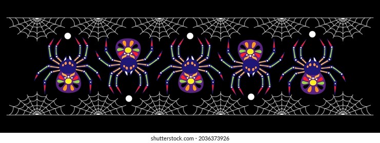 Border with spiders and spiderweb. Vector background. Party flyer, greeting card.