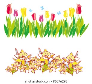 border of spring flowers with green leaves