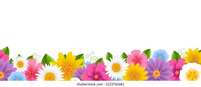 Border With Spring Flowers Isolated With Gradient Mesh, Vector Illustration