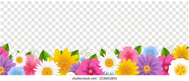 Border With Spring Flowers Isolated Transparent Background With Gradient Mesh, Vector Illustration With Gradient Mesh, Vector Illustration