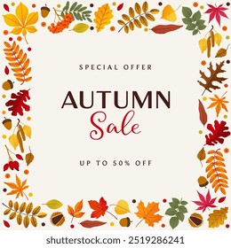 Border Square Frames with Different Autumn Leaves. Autumn Sale design template. Vector illustration in flat style