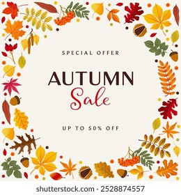 Border Square Frames with Different Colorful Autumn Leaves. Autumn Sale design template