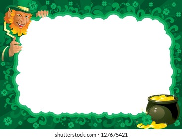Border  for St. Patrick's Day. Lucky leprechaun and pot with gold coins on abstract frame for text