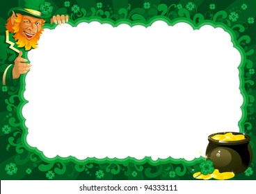 Border  for St. Patrick's Day. Lucky leprechaun and pot with gold coins on abstract frame for St. Patrick's Day.