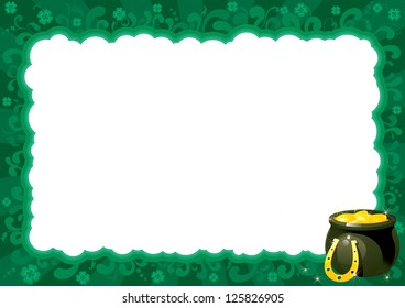 Border  for St. Patrick's Day. Vector ornate  frame with pot, gold coins and clover leaves .