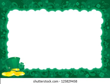 Border  for St. Patrick's Day. Vector ornate  frame with leprechaun's hat, gold coins and clover leaves.