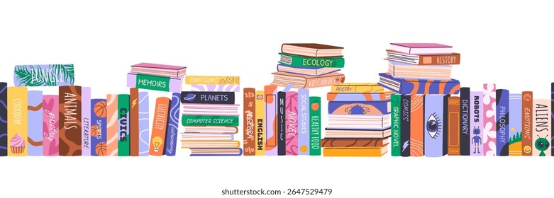 Border with stacks of various books. Seamless horizontally. Home library collection with educational literature, novels, storybooks for Back to School, libraries, book fairs or World Book Day. Vector.