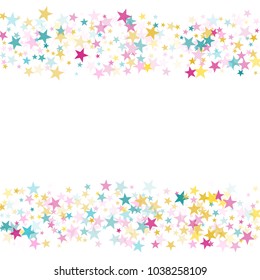 Border of star sparkle texture glitter pattern. Minimal colored confetti of flying stars, magic geometric sparkles stardust vector background border. Modern party design.